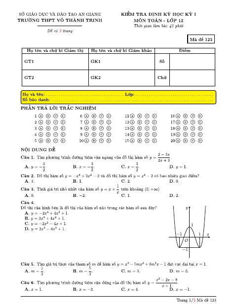 Kiểm tra định kỳ học kỳ I môn Toán 12 trường THPT Võ Thành Trinh – An Giang